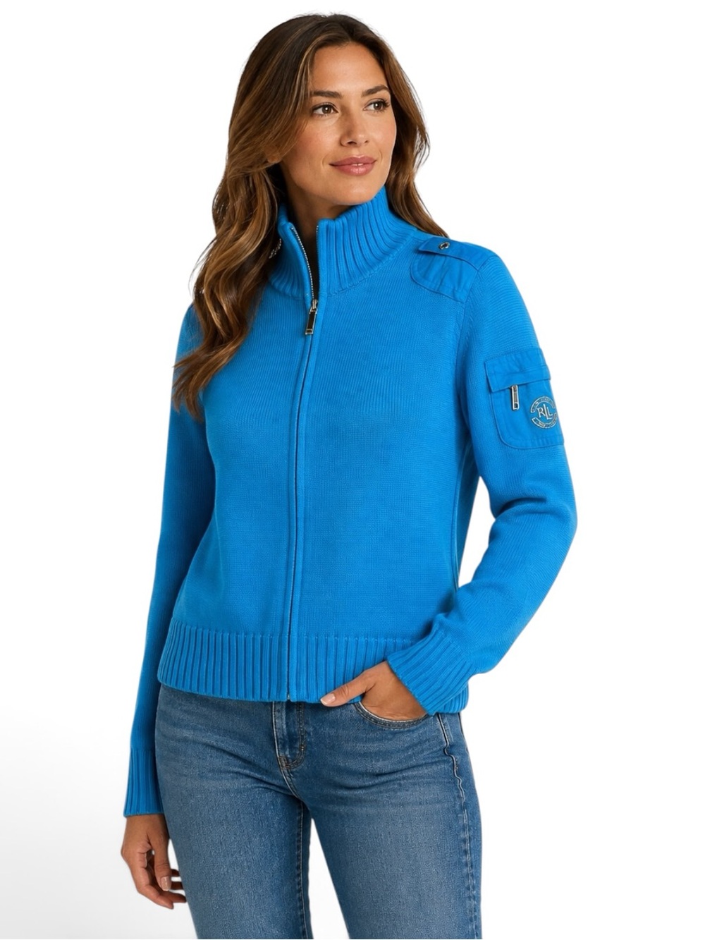 Vintage LAUREN RALPH LAUREN Blue Ribbed Knit Full Zip Sweater Jacket Crest M 90s